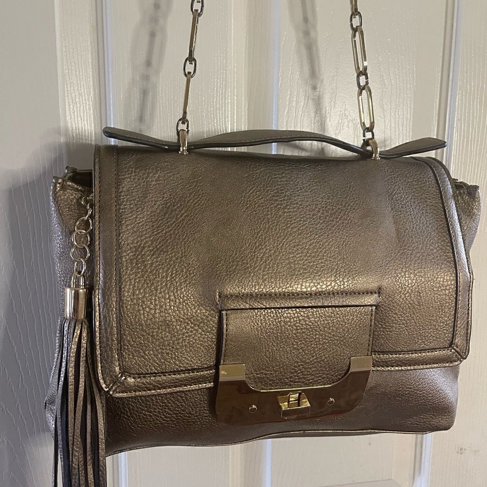 Kate Landry metallic bronze multi function shoulder bag with gold tone hardware